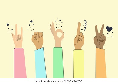 Set of hands showing gestures, unity, love and peace. Flat vector illustration.