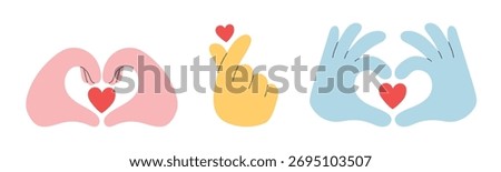 Set of hands showing heart shape, making love sign. Love, care and empathy concept. Isolated vector illustration