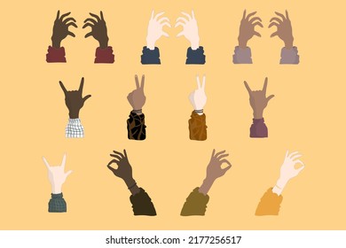 Set of  hands showings signs with fingers, people of different nationalities, hands on a yellow background.For messengers, communication, cartoons.