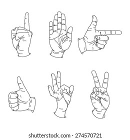 Set of hands. Six vector hand gestures for design.