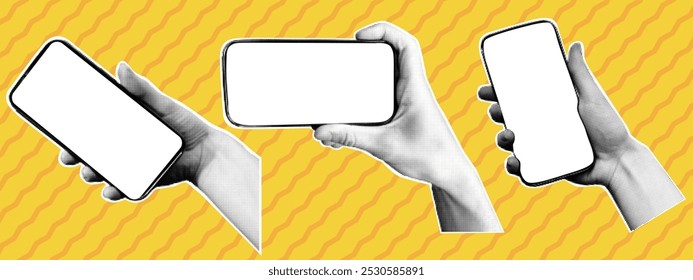 Set of hands with smartphone. Retro dots halftone effect. Vector elements in pop art style