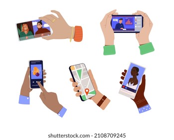Handschuhe mit Smartphones. Charaktere halten Telefone, sehen Videos, hören Musik, soziale Medien, öffnen Karte und kommunizieren per Video. Cartoon-FlachVektorgrafik, einzeln auf weißem Hintergrund