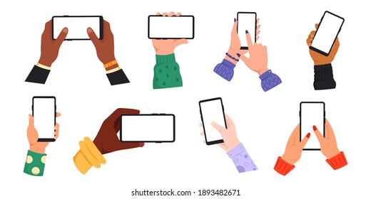 Set of hands with smartphones. Male and female arms with mobile phones isolated on white background. Vector illustration.
