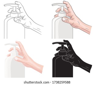 A set of hands with a spray of antibacterial disinfectant, a hand sanitizer. A disinfectant for the prevention of colds, viruses, coronaviruses, flu. Spray. Alcohol realistic