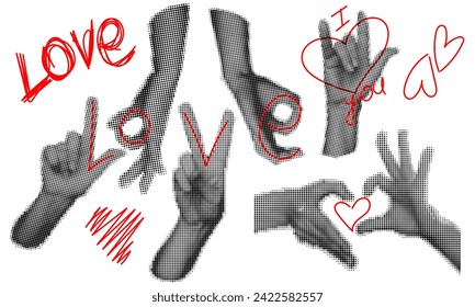 Set of hands in the style of pop art show signs of love with hearts. Fashionable set of hands for collage. Hand gestures, doodle red line. Grange retro style black circles. Modern vector illustration