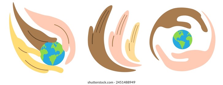 set hands symbol of humanity and planet earth in vector in flat style. illustration for design, logo, sticker, poster, print