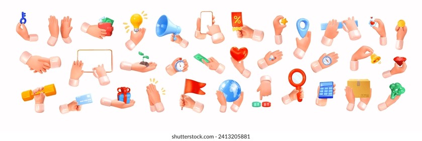 A set of hands that hold different objects on different topics: business, sports, advertising, recreation, ecology, finance, creativity. In 3D style. Isolated on background. Vector illustration