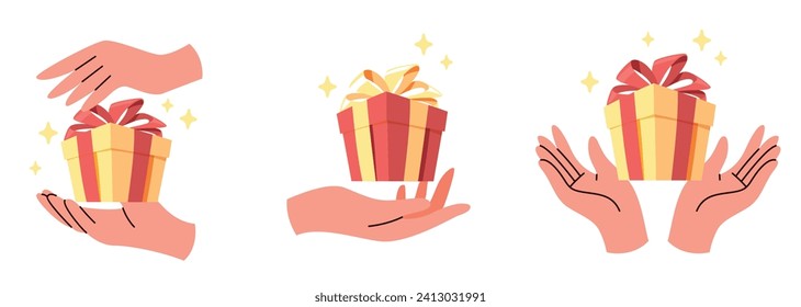 Set of hands that hold gift boxes. wrapped containers with ribbons. Shopping and holiday purchase symbol. Give and take presents. Birthday surprise. Cartoon flat isolated vector concept