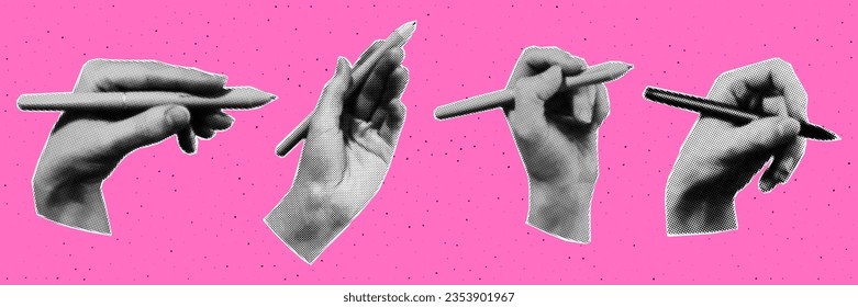  A set of hands that hold a pen. Trendy halftone style for collages. Modern vector illustration.