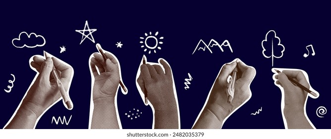 A set of hands that hold pencil and pen drawing doodle. Trendy halftone style for collages. Modern vector illustration.