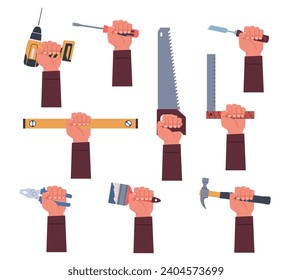 Conjunto de manos que contienen herramientas de trabajo. Equipo de trabajo profesional. Martillo, llave, pinzas y alicates en el brazo. Reparar elementos e instrumentos. Ilustración de construcción de vectores aislados planos de dibujos animados