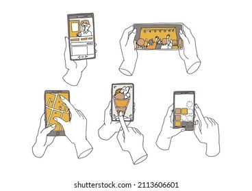  A set of hands that use various functions on a smartphone, a comical handwritten person vector, and simple coloring of line drawings.