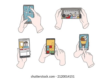 A set of hands that use various functions on a smartphone, a comical handwritten person, a vector, and simple coloring of line drawings.