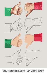 Set of hands thumb up and thumb down in a different drawing style