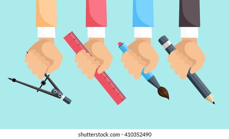Set of hands with tools for design. Architect designer for project drawings. Architect hands with pencil and ruler. Architects workplace. Technical project.