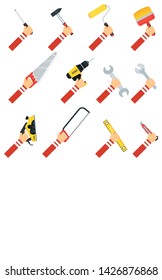 Set of hands with tools for repair. For design of advertising banners, flyers for building stores, apartment and home repair teams. Objects on white background. Flat style vector illustration.