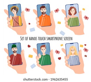 Set of hands touch smartphone screen.   Video calls of friends. Young girls and men on smartphone screens. Trendy full-color icons in flat style. The hand holds a smartphone, people communicat
