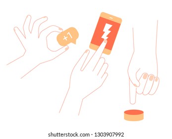 Set of hands in two colors. One holds the badge plus1, the second scrolls the content on the mobile screen, the third is preparing to press the button. Vector illustration isolated on white background