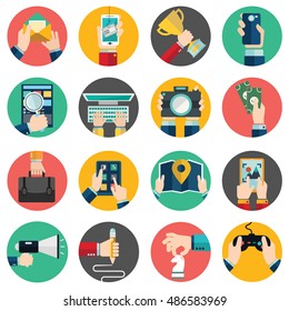 Set of hands using business internet service and ecommerce . Smartphone  tablets.