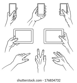 Set of hands using smart phone, tablet, mobile device