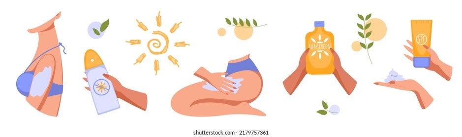 Set of hands using spf gel. Concept of UV protection for skin, health care, protection sunburn, skin cancer prevention. Vector illustration in flat style.