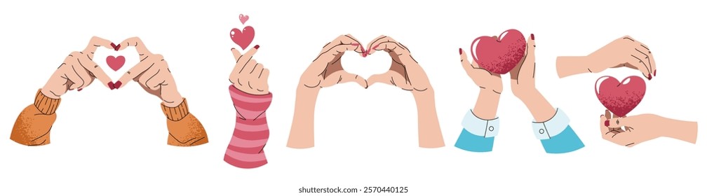 Set of hands for valentine's day in flat cartoon style. Hands showing heart, korean symbol of love. Vector female hands holding a heart.