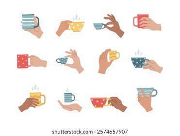 Set of hands in various gestures with ceramic cups. Arm holding pottery mug with hot drink, coffee or tea. Warm morning beverage. Coffee break. Vector isolated illustration