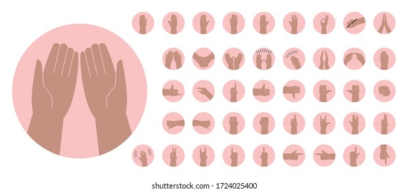 Set of hands with various gestures, circle icons. color vector illustration in a flat style. Isolated image on a white background
