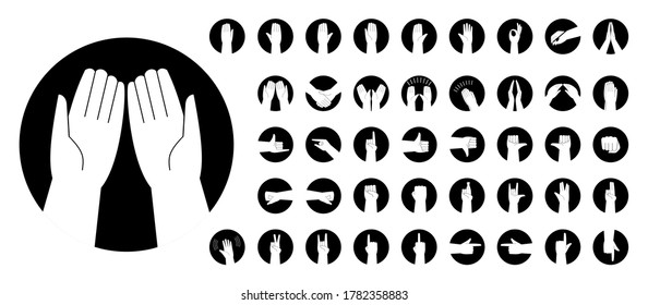 Set of hands with various gestures, circle icons. color vector illustration in a flat style. Isolated image on a white background