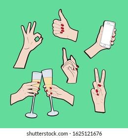 Set of hands in various gestures emotions and signs