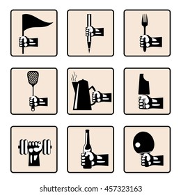 Set hands with various household items. Retro styled vector icons.