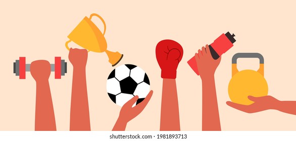 Set of hands with various sport and exercise - dumbbell, football, boxing, kettlebell in flat design. 