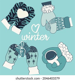 Eine Reihe von Händen. Vektorgrafik, Cartoon. Zähne auf rosafarbenem Hintergrund. Feiertag, Winter, Weihnachten, Neujahr.