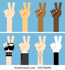 Set of hands with Victory sign fingers. Vector illustration.