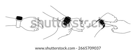 Set of Hands wearing smart watch on wrist, touching screen with finger. Modern technology concept. Vector outline sketch drawing isolated on white background