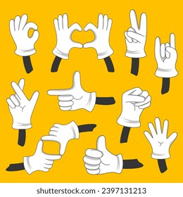 A set of hands in white gloves drawn in a cartoon style. Vector different hands on ice. Non-verbal or manual communication, hand language, hand signs.
