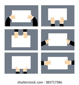 Set hands and white sheet Billboard. Blank paper in  hands of businessman. Man holds an empty plate. Business hands set of elements for your design
