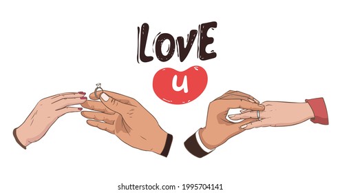 set of hands. Will you marry me. Marriage proposal vector illustration with wedding ring and male and female hands. hearts.