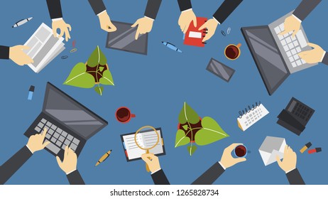 Set of hands working in office. Collection of working with computer and document. Office workplace with coffee. Flat vector illustration