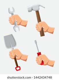 set of hands with wrench and hammer with shovel and screwdriver