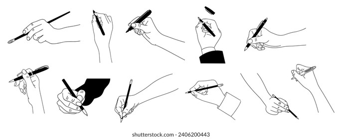 Set of Hands with writing, painting, drawing tools