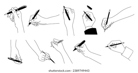 Set of Hands with writing tools. Line art drawing of human hands with pen, pencil, highlighter, marker. Black monochrome outline Vector illustrations isolated on white background. Hand drawn icons.