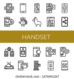 Set of handset icons. Such as Call, Smartphone, Calling, Llama, Phone booth , handset icons