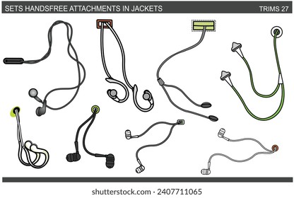 CONJUNTO DE ADJUNTOS LIBRES DE MANOS EN LA ILUSTRACIÓN DE VECTORES Y BOMBA DE HOODIO DE JACKET