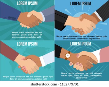 Set of Handshake in flat style. Business partners. Friendship, agreement and big deal vector flat concept.
