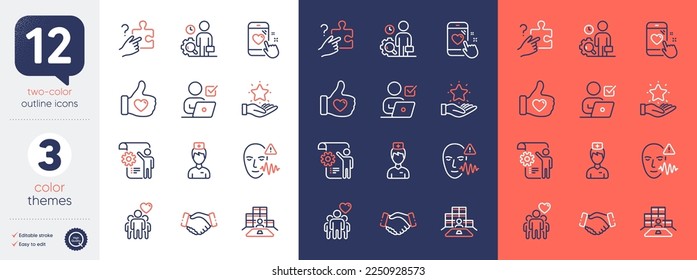 Set of Handshake, Inspect and Heart rating line icons. Include Online voting, Doctor, Settings blueprint icons. Friendship, Search puzzle, Inventory web elements. Loyalty program. Vector