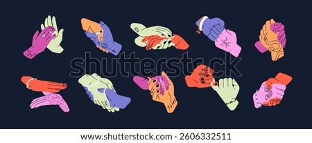 Set of handshakes. Two hands hold together, touch each other, high five while greeting. Concept of support, love, friendship and partnership. Flat isolated vector illustrations on white background