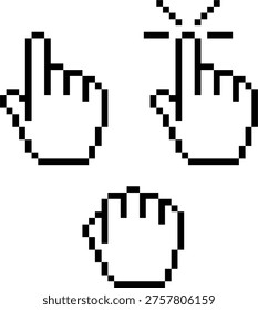 A set of hand-shaped cursors in solid pixel art. Normal cursor, clicking cursor, and grabbing cursor