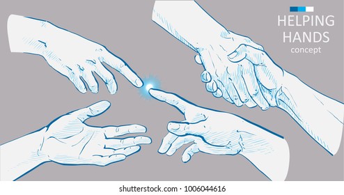 Set of hands.Helping hand concept. Gesture, sign of help and hope. Two hands taking each other. Isolated watercolor, line illustration on white background.