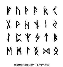 Set of handsketched ancient Old Norse runes. Runic alphabet (Futhark). 24 scandinavian and germanic letters.Hand drawn magic symbols.